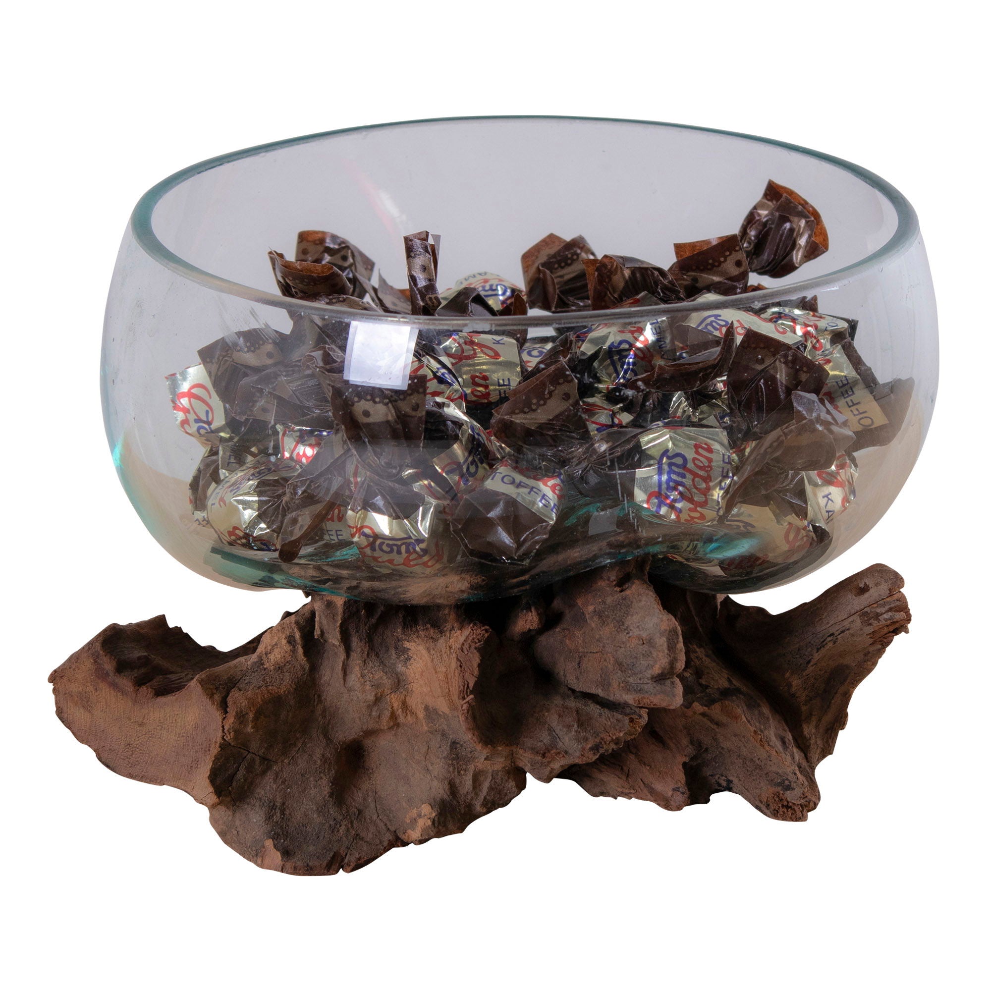 Glasobjekt auf Teakholz, natur, H15 cm